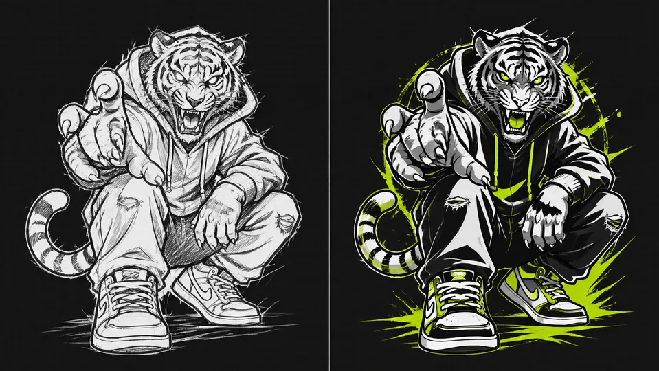 Bản phác thảo và artwork hoàn thiện sau khi AI Redesign
