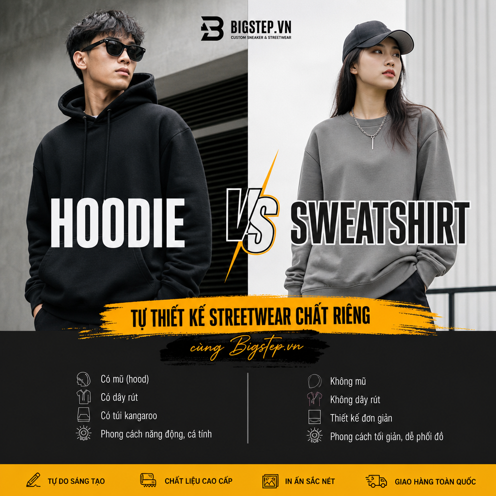 Illustration of Hoodie vs Sweatshirt: Tự thiết kế streetwear chất riêng cùng Bigstep.vn