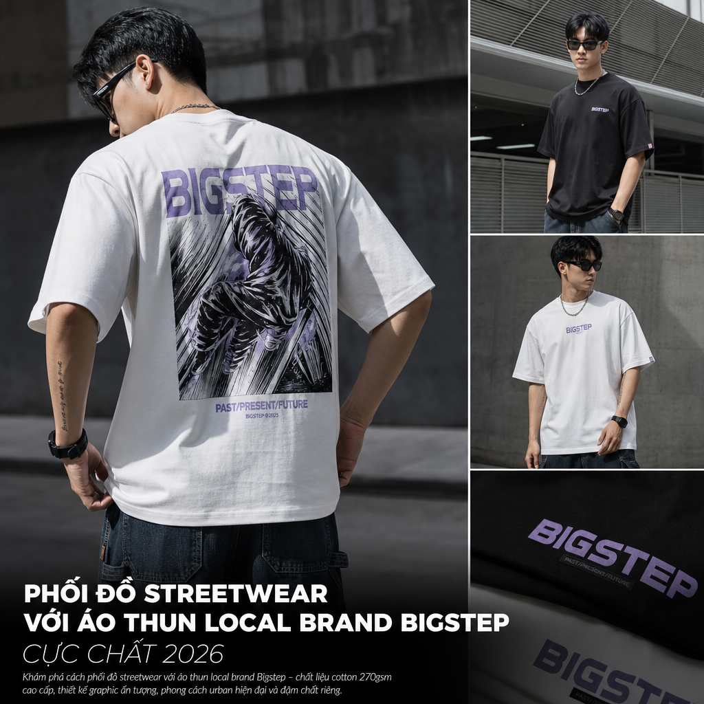 Illustration of Phối đồ streetwear với áo thun local brand Bigstep cực chất 2026