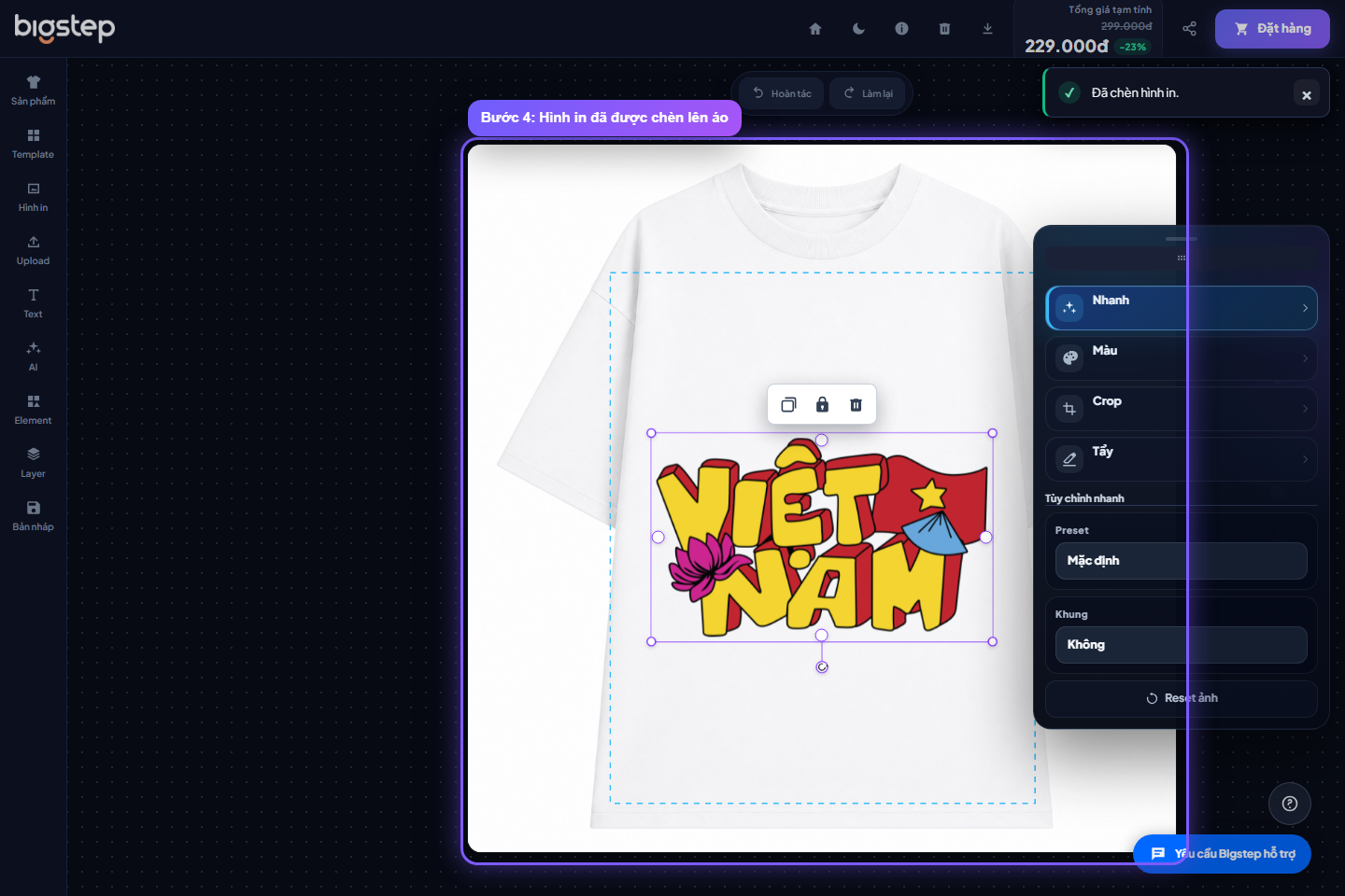Hình in đã được chèn lên canvas áo thun