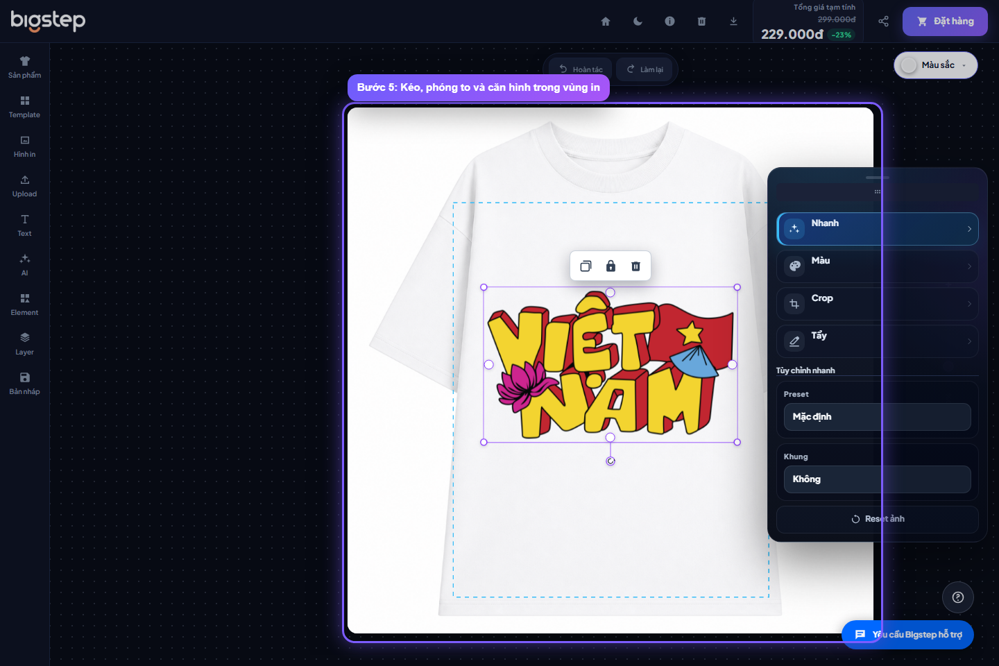 Căn chỉnh hình in trong vùng in của áo