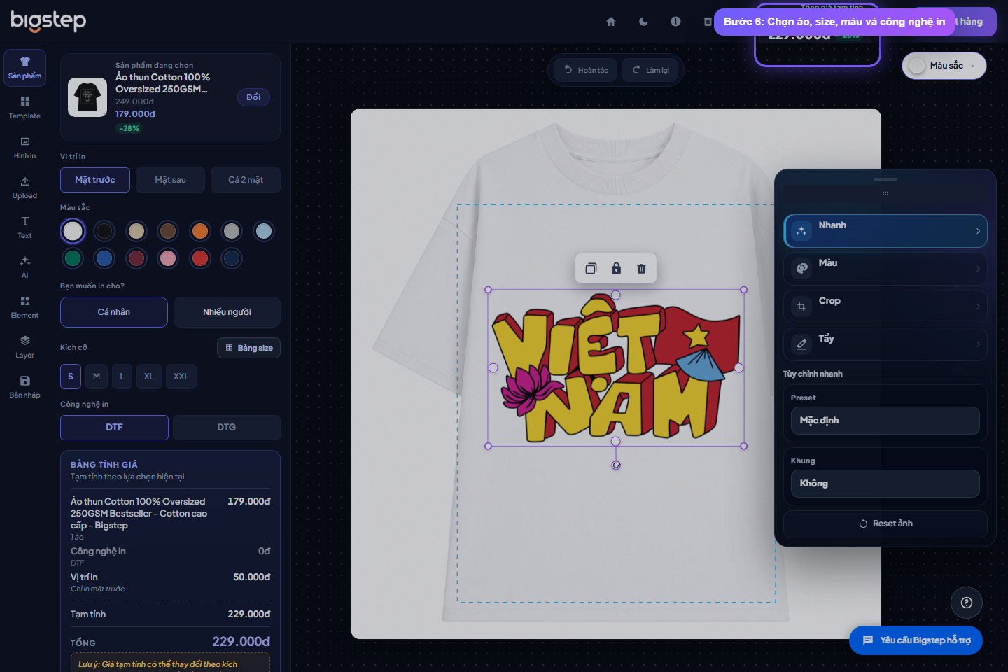 Chọn màu áo size áo và công nghệ in trong AI Studio