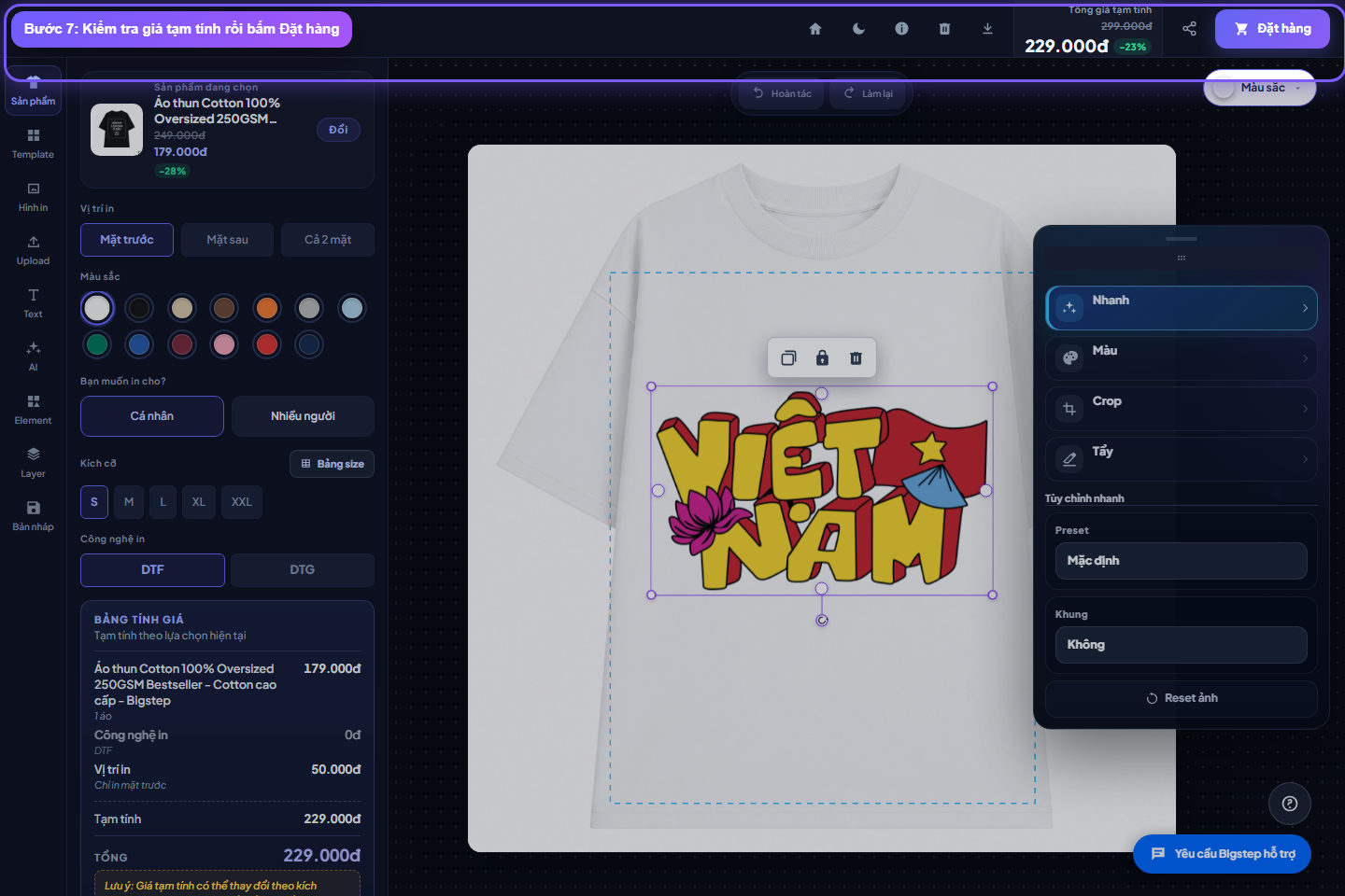 Kiểm tra giá tạm tính và bấm đặt hàng trong Bigstep AI Studio