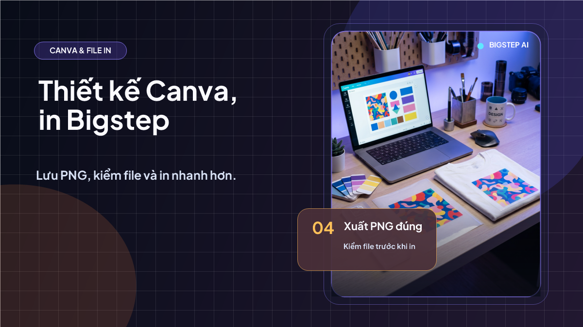 Thiết kế áo bằng Canva rồi in tại Bigstep: lưu PNG, in nhanh và rẻ hơn