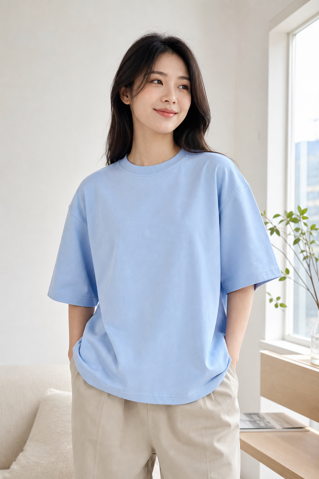 Người mẫu nữ mặc áo thun Oversized Cotton 250GSM form USA màu xanh nhạt Bigstep
