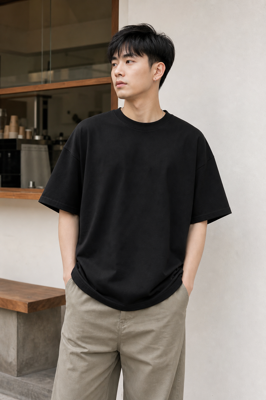 Người mẫu nam mặc áo thun Oversized Cotton 250GSM form USA màu đen Bigstep