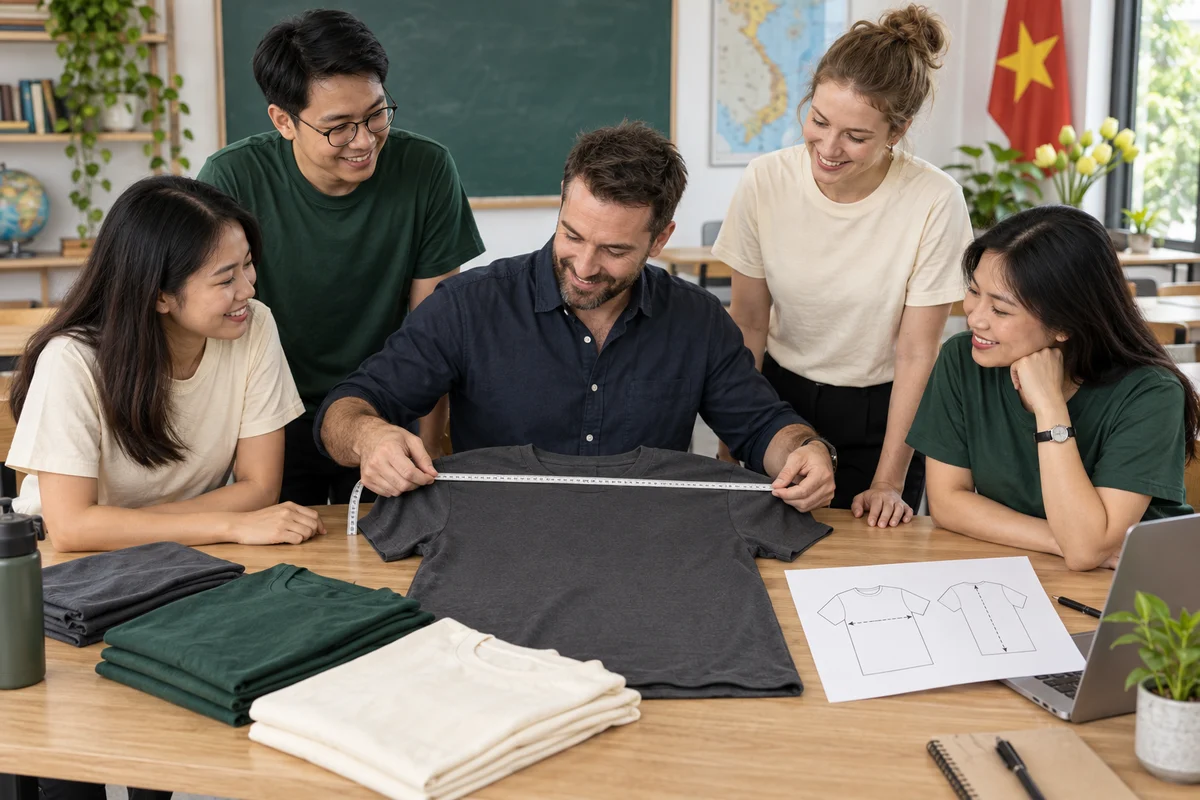 International teachers measuring a custom staff T-shirt in Vietnam