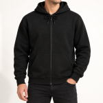 Hình minh họa form Hoodie Zip K2 nỉ bông 330GSM màu đen khi mặc